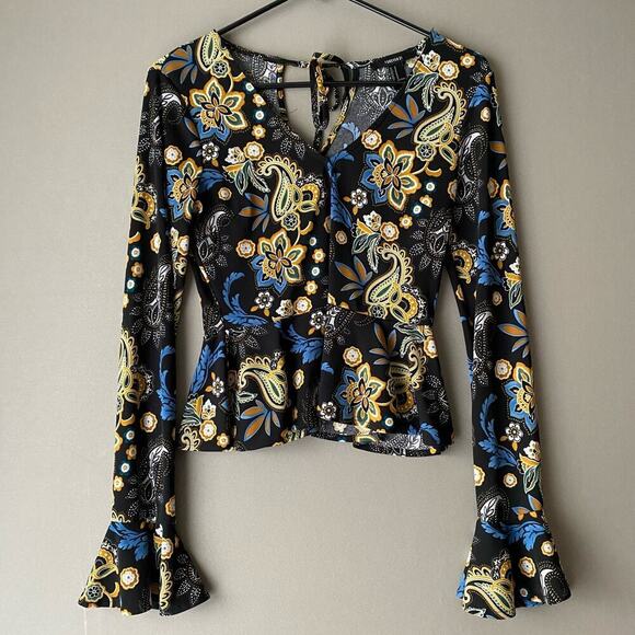 Forever 21‎ sz M black yellow bell sleeve boho blouse - Picture 1 of 8
